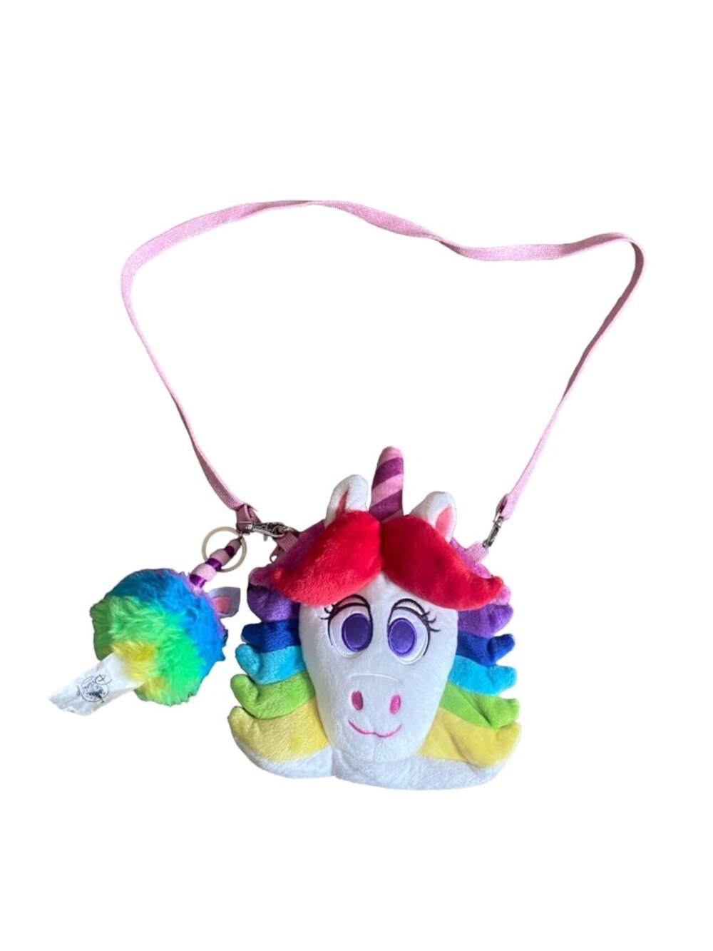 Disney Parks Inside Out Rainbow Unicorn Plush Purse W/Fluffy Charm-GUC